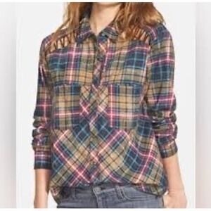 Free People Plaid Button Down Shirt Cutout Shoulder Mustard Blue Red Mens Size M